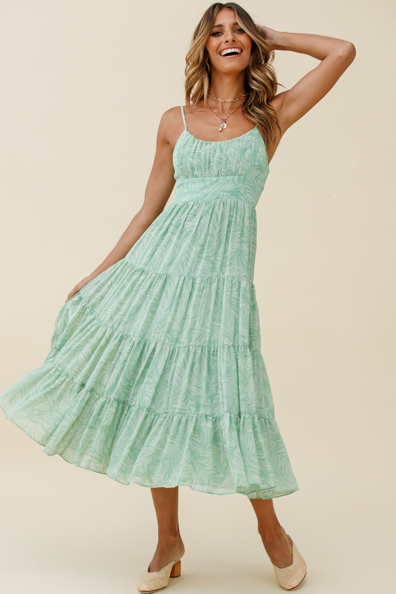Eternal Sunshine Gathered Bust Maxi Dress Leaf Print Green by Selfie Leslie