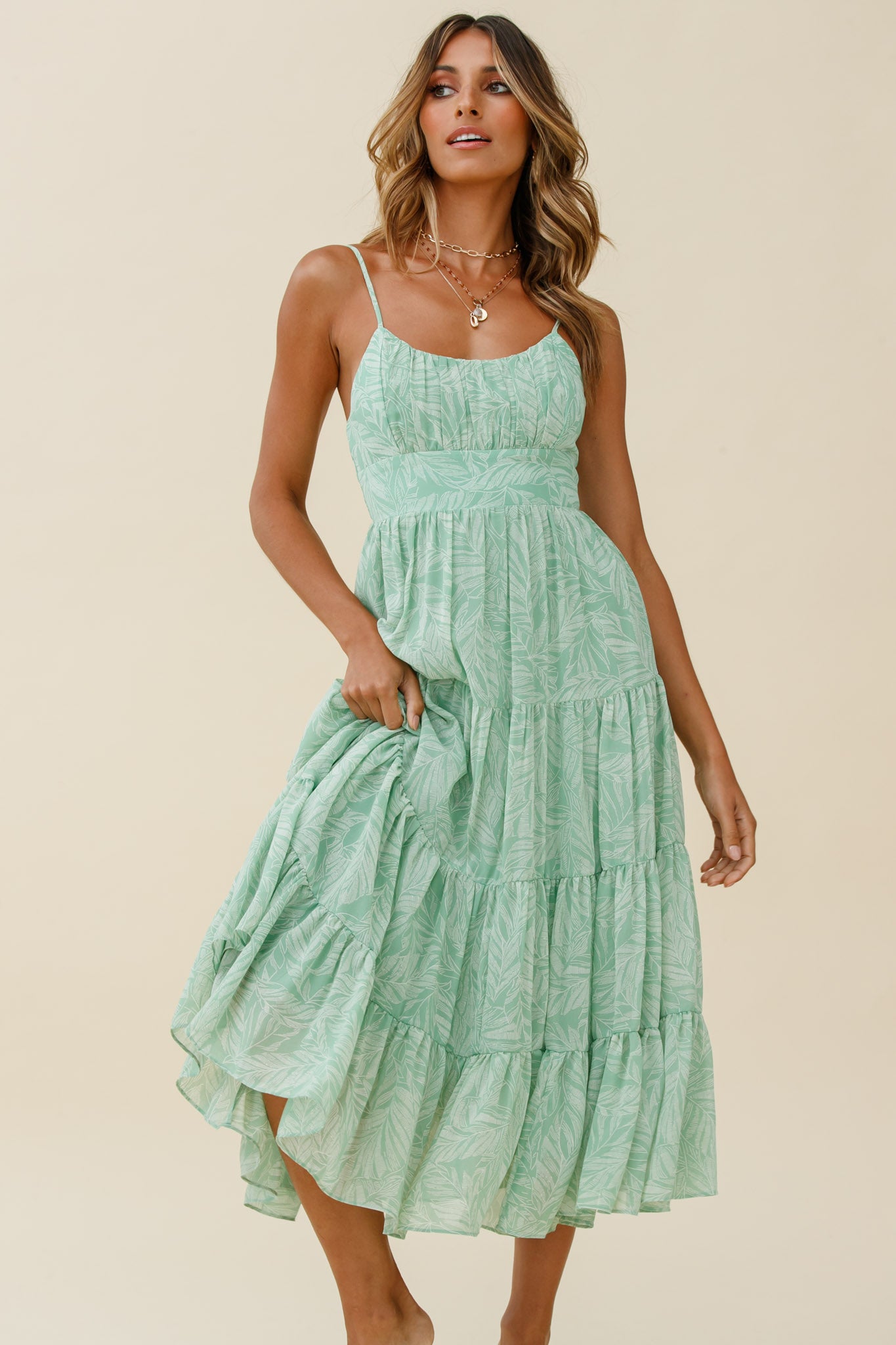 Eternal Sunshine Gathered Bust Maxi Dress Leaf Print Green by Selfie Leslie