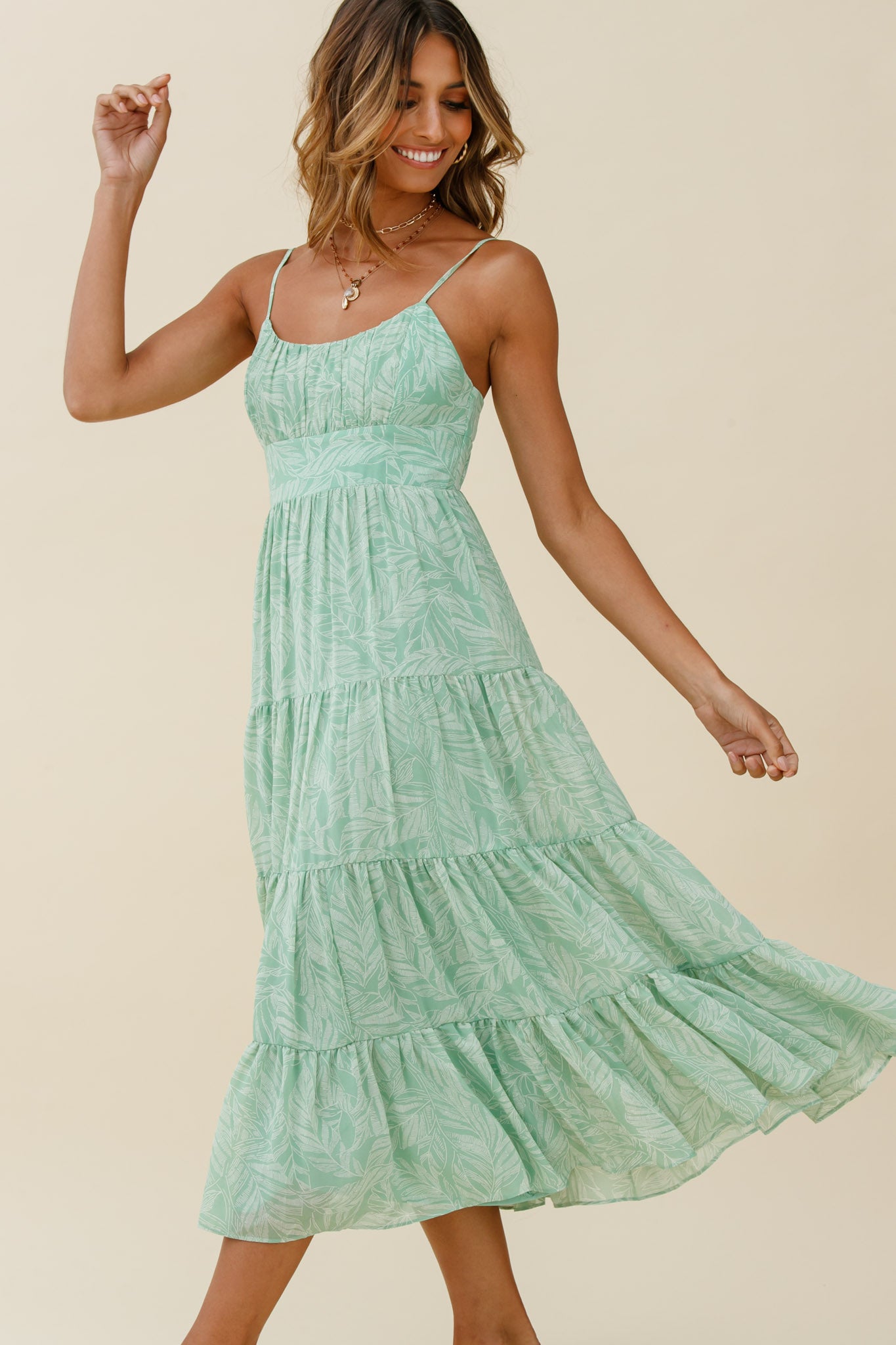 Eternal Sunshine Gathered Bust Maxi Dress Leaf Print Green by Selfie Leslie