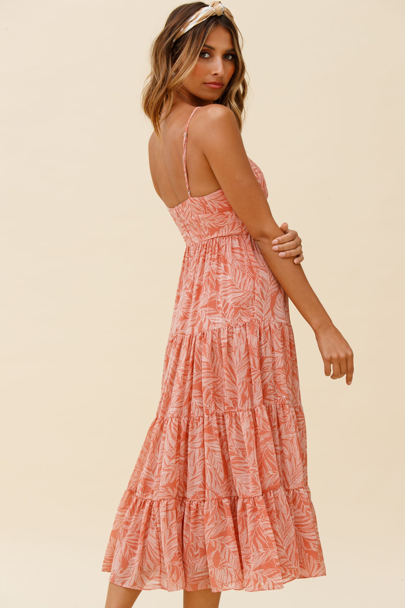 Eternal Sunshine Gathered Bust Maxi Dress Leaf Print Pink by Selfie Leslie