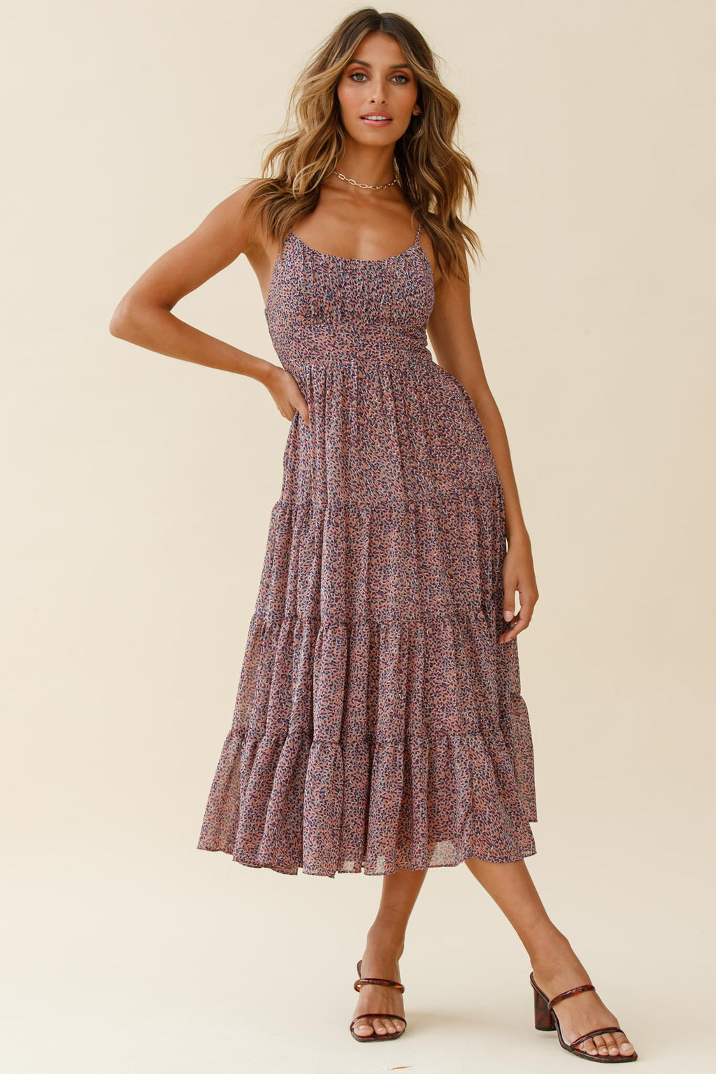 Eternal Sunshine Gathered Bust Midi Dress Leaf Print Purple Multi by Selfie Leslie