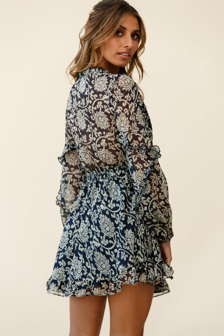 Lima Long Sleeve Drawstring Waist Frill Dress Floral Print Navy by Selfie Leslie