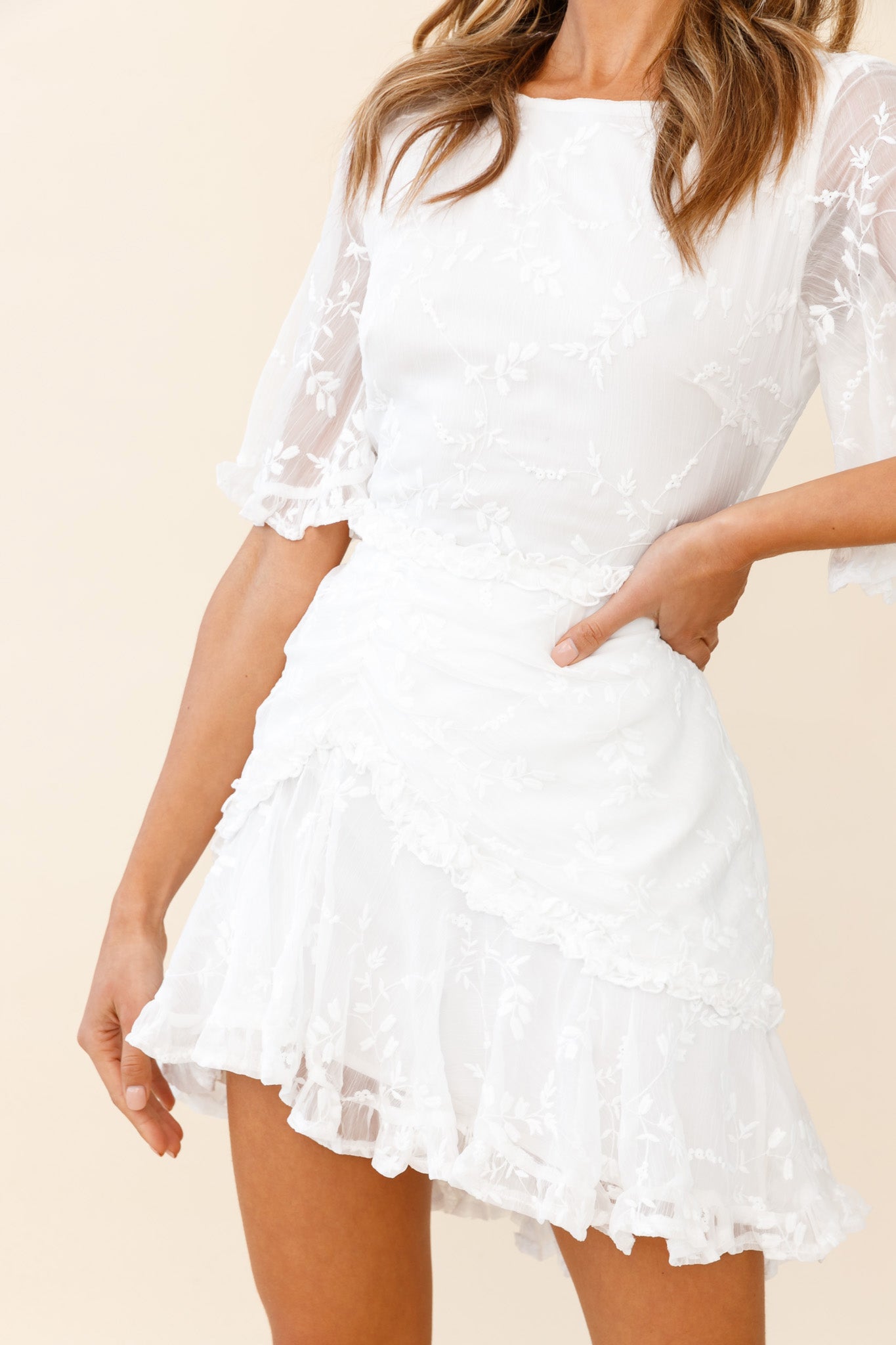 Leona Half Sleeve Frill Trim Dress Leaf Embroidered White by Selfie Leslie