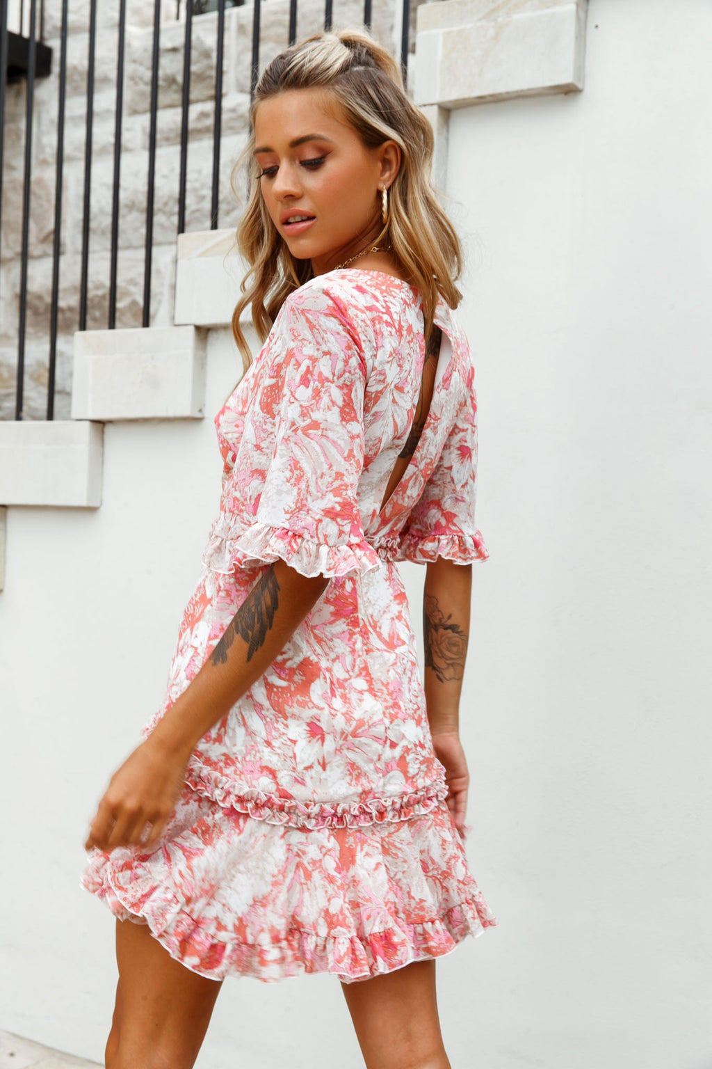 Leona Half Sleeve Frill Trim Dress Leaf Print Pink Multi by Selfie Leslie