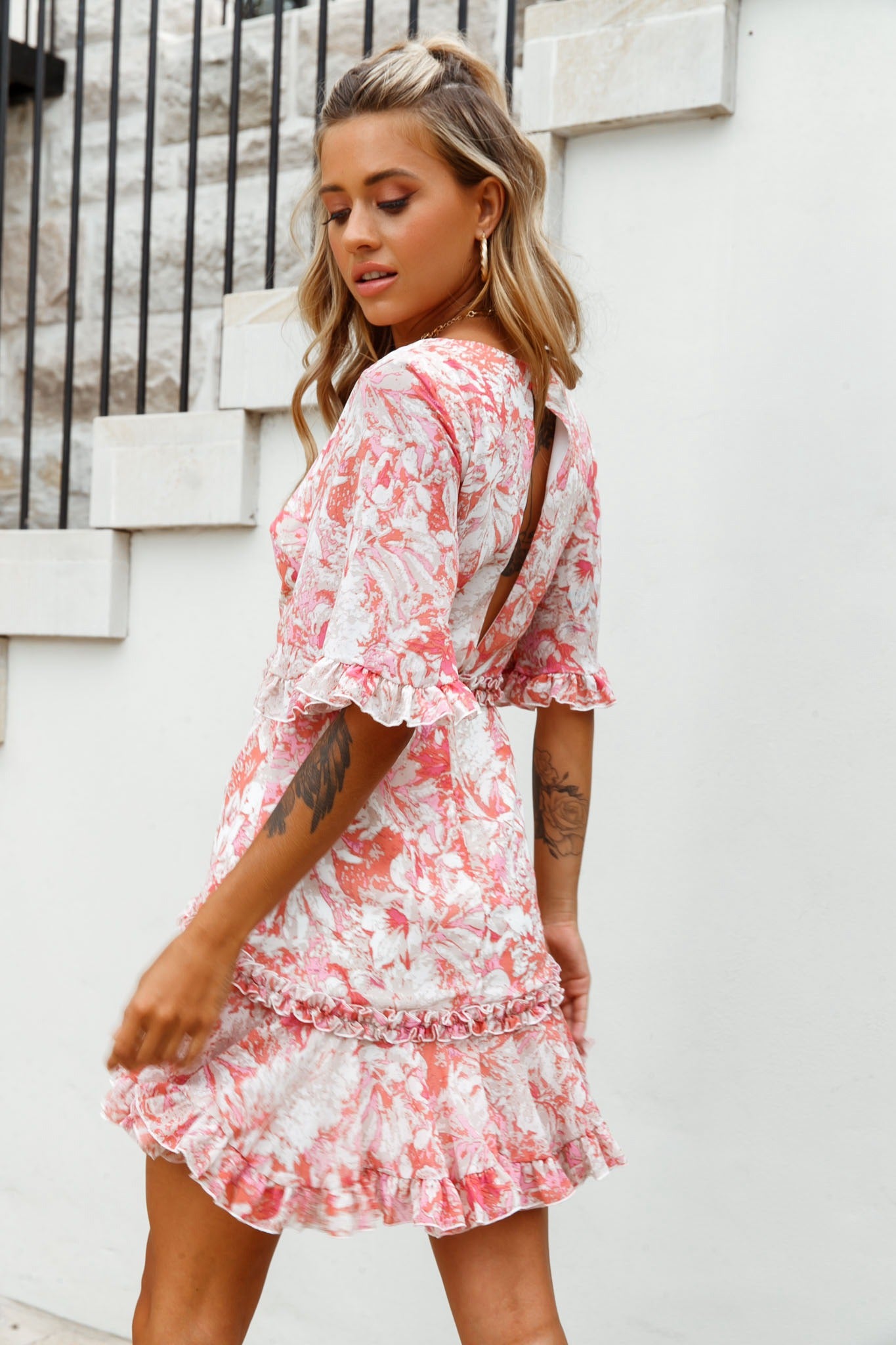 Leona Half Sleeve Frill Trim Dress Leaf Print Pink Multi by Selfie Leslie