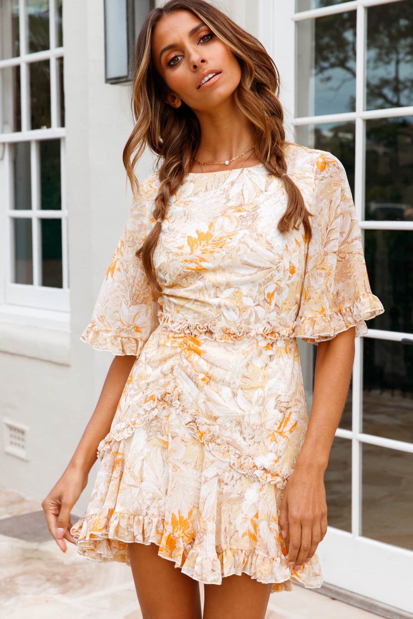 Leona Half Sleeve Frill Trim Dress Leaf Print Yellow Multi by Selfie Leslie