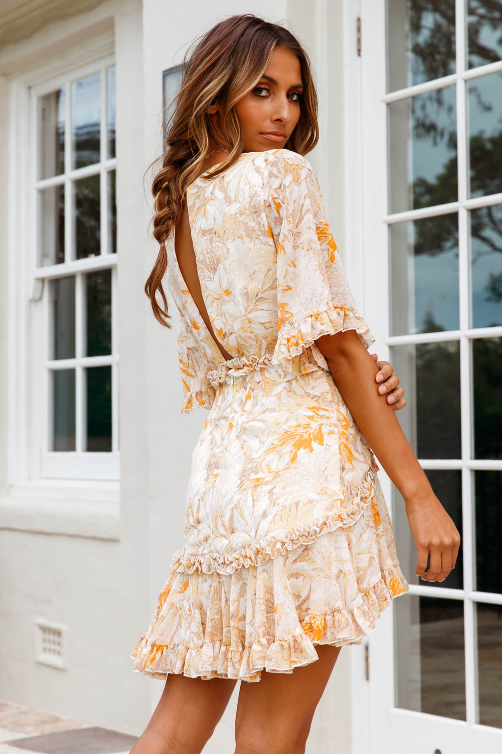 Leona Half Sleeve Frill Trim Dress Leaf Print Yellow Multi by Selfie Leslie
