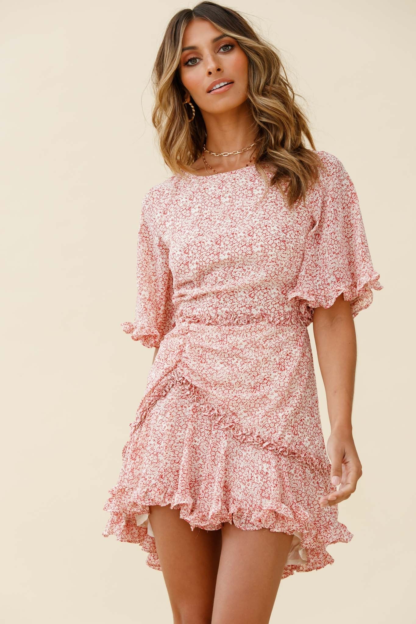 Leona Half Sleeve Frill Trim Dress Floral Print Red by Selfie Leslie