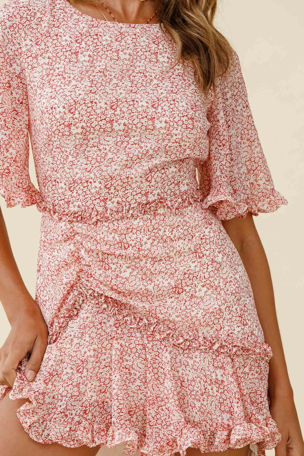 Leona Half Sleeve Frill Trim Dress Floral Print Red by Selfie Leslie