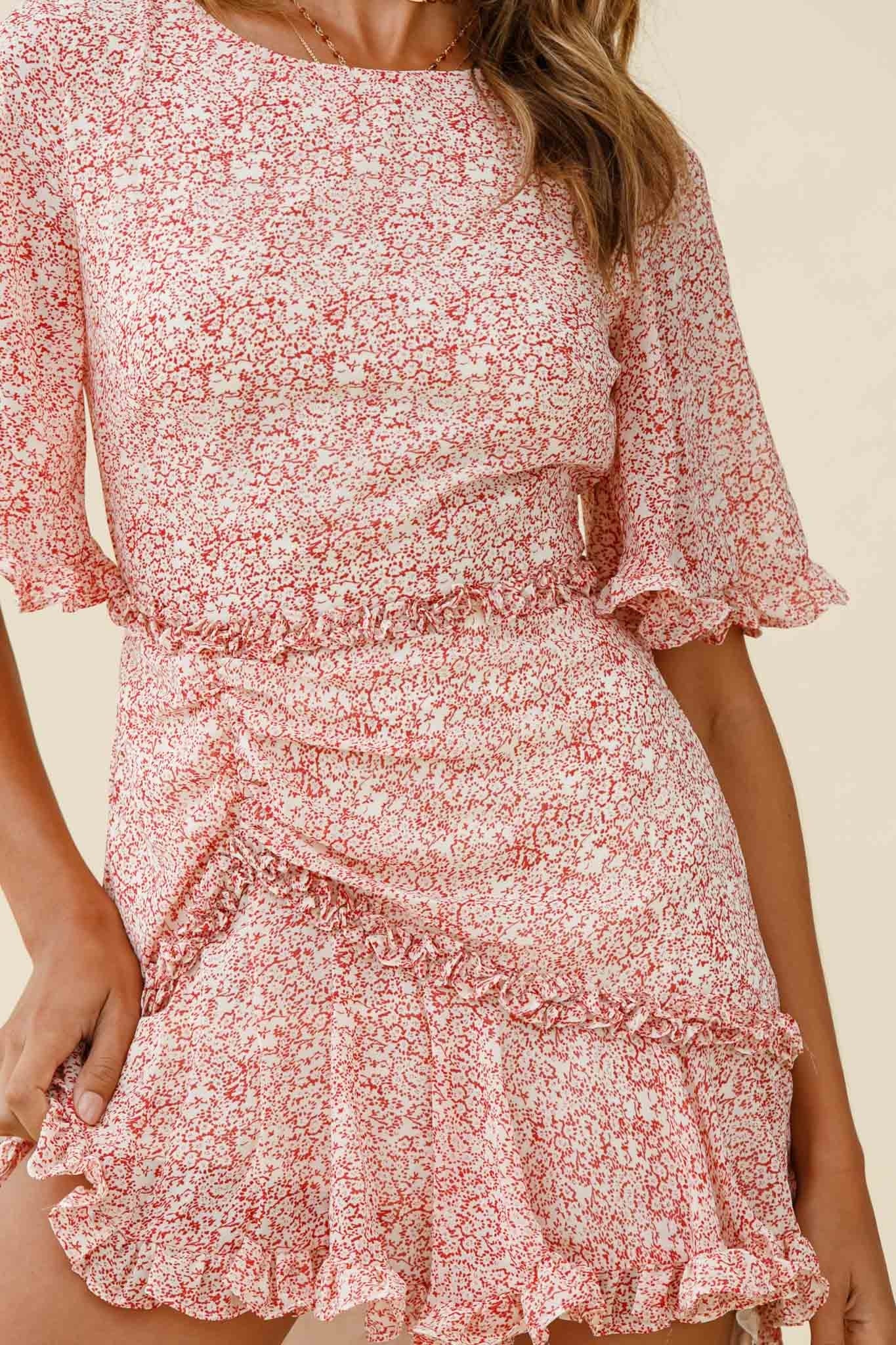 Leona Half Sleeve Frill Trim Dress Floral Print Red by Selfie Leslie
