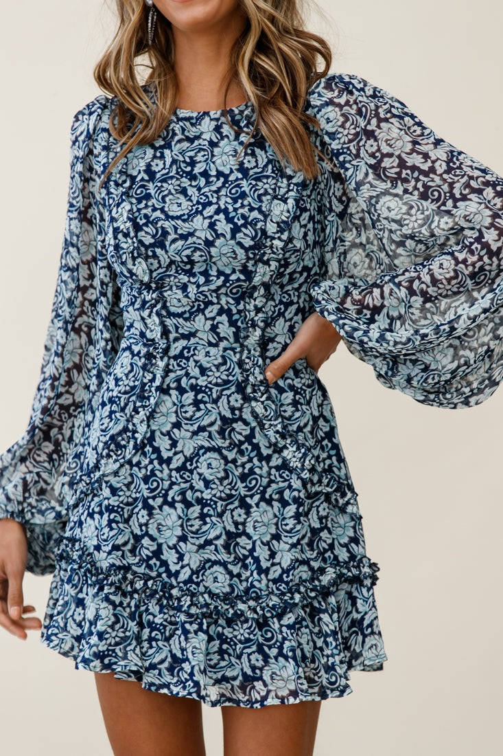 Mirabelle Long Balloon Sleeve Ruffle Hem Dress Floral Print Navy by Selfie Leslie