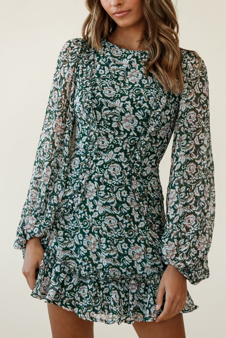 Mirabelle Long Balloon Sleeve Ruffle Hem Dress Floral Print Olive by Selfie Leslie