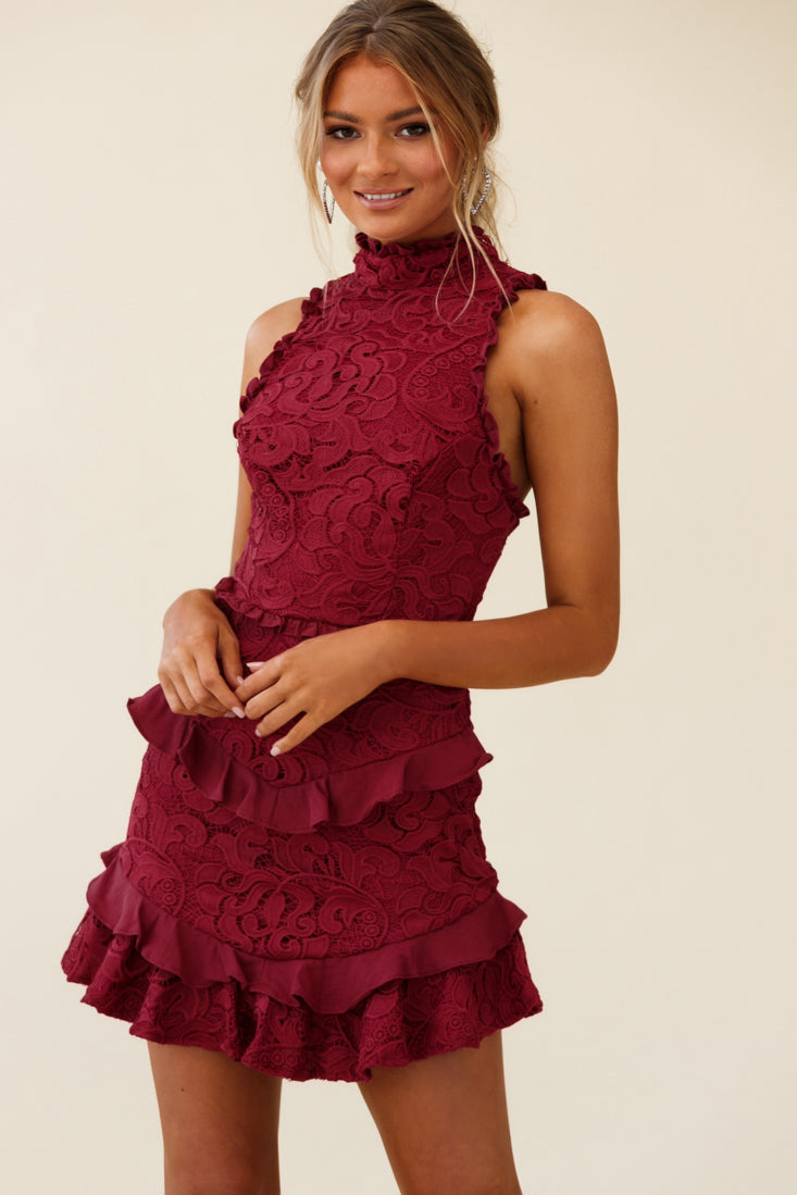 Osiris Sleeveless High Neck Lace Dress Wine by Selfie Leslie