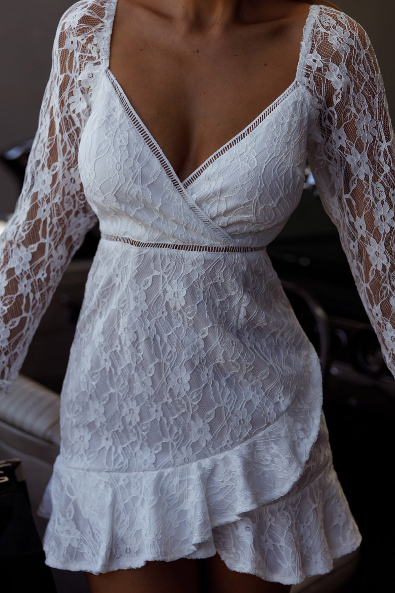 Hali Long Sleeve Surplice Neckline Lace Dress White by Selfie Leslie