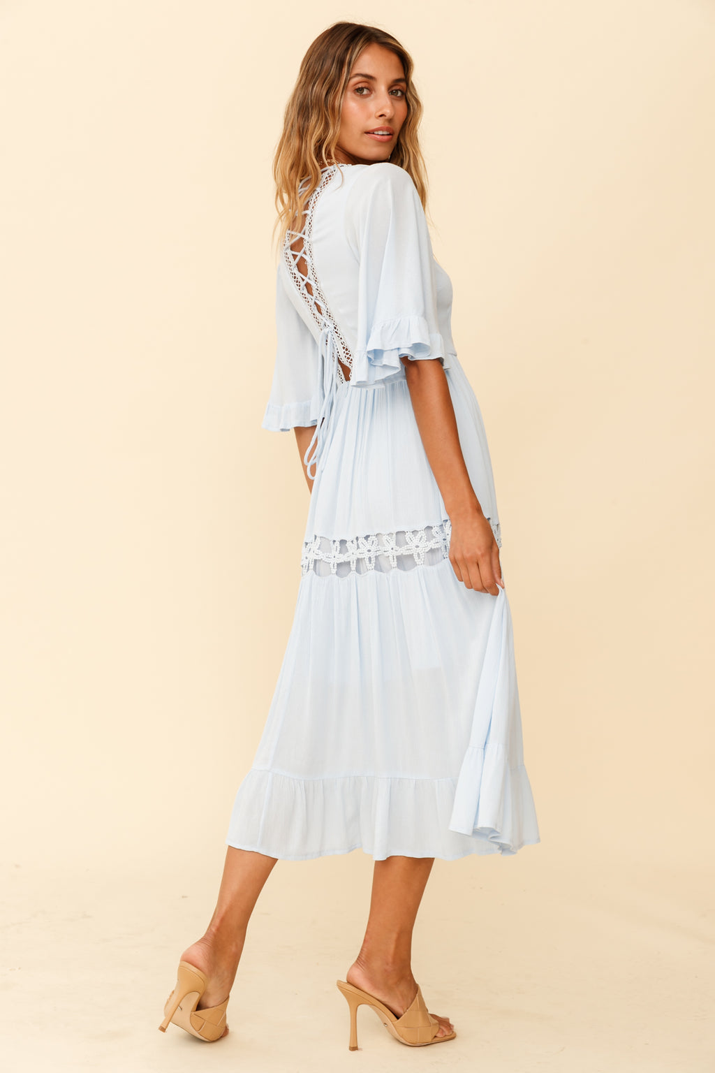 Feeling Groovy Bell Sleeve Crochet Trim Maxi Dress Ice Blue by Selfie Leslie