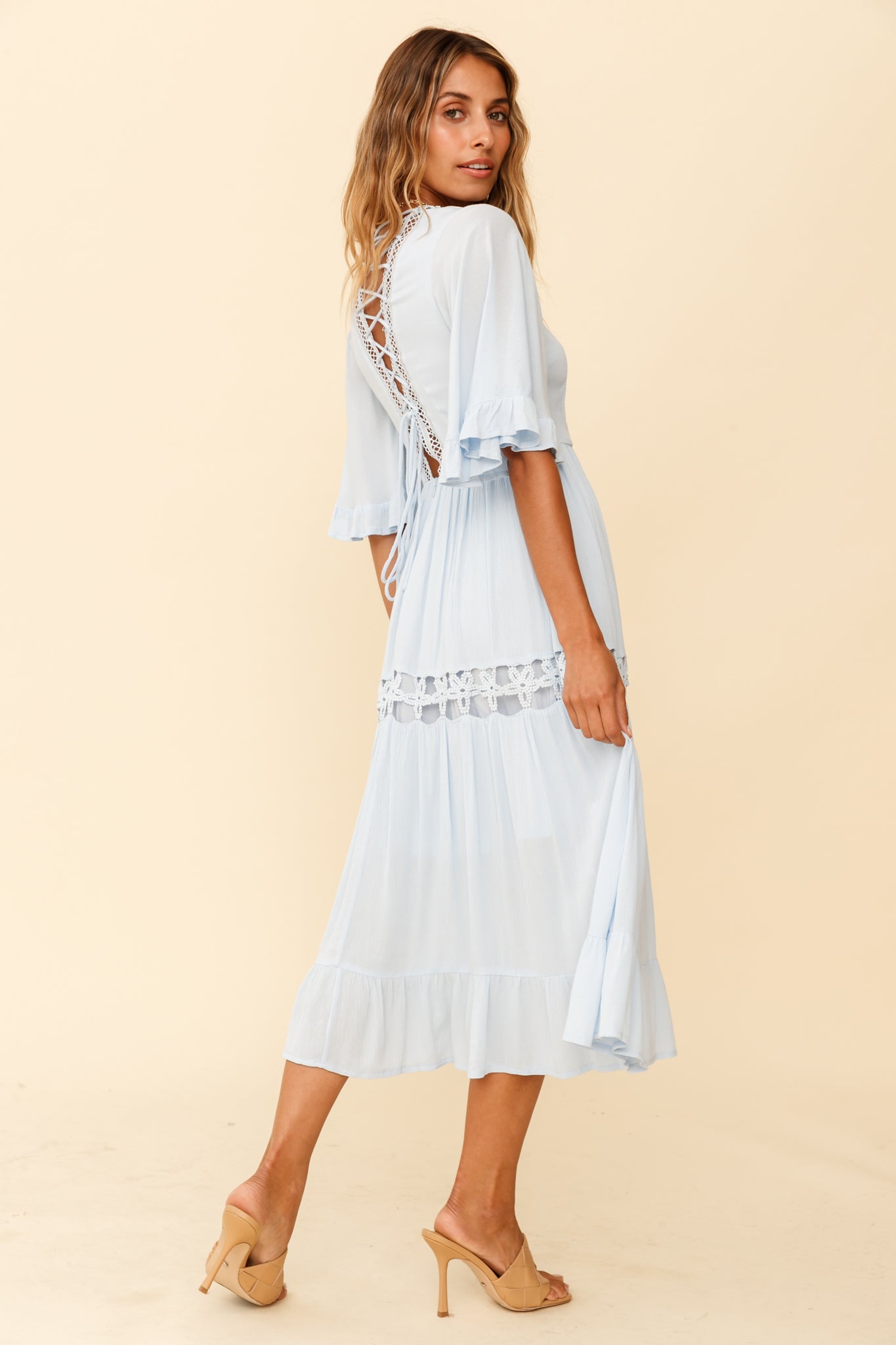 endless rose sleeveless linen blend halter lace midi dress Endless Rose