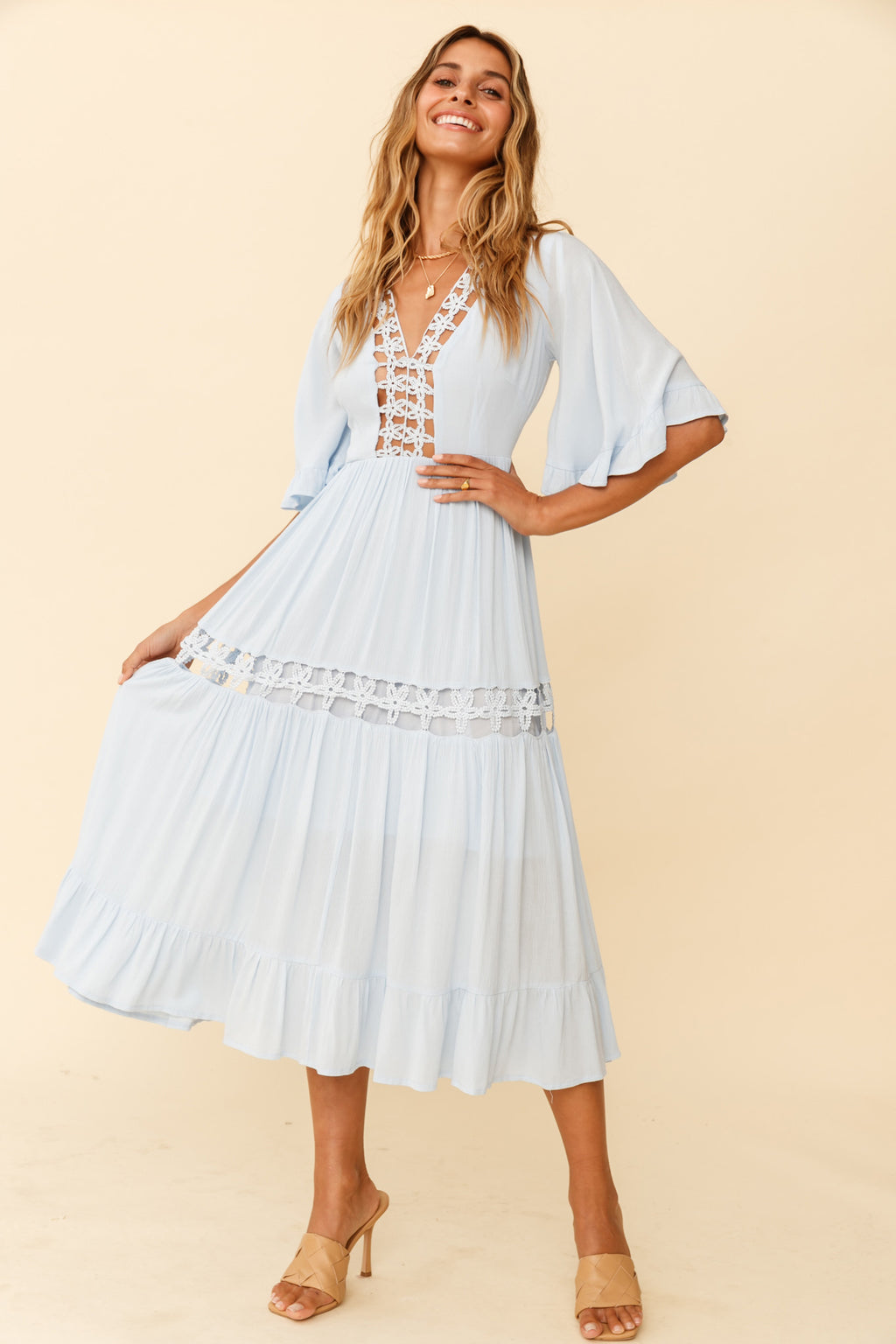 Feeling Groovy Bell Sleeve Crochet Trim Maxi Dress Ice Blue by Selfie Leslie