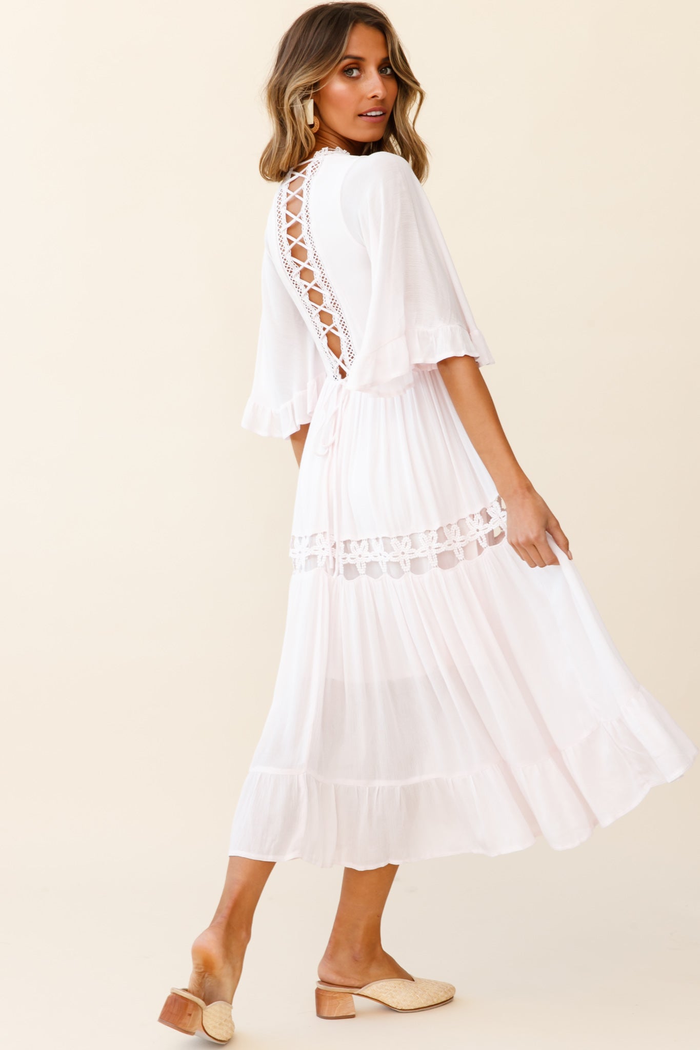 Feeling Groovy Bell Sleeve Crochet Trim Maxi Dress Pink by Selfie Leslie