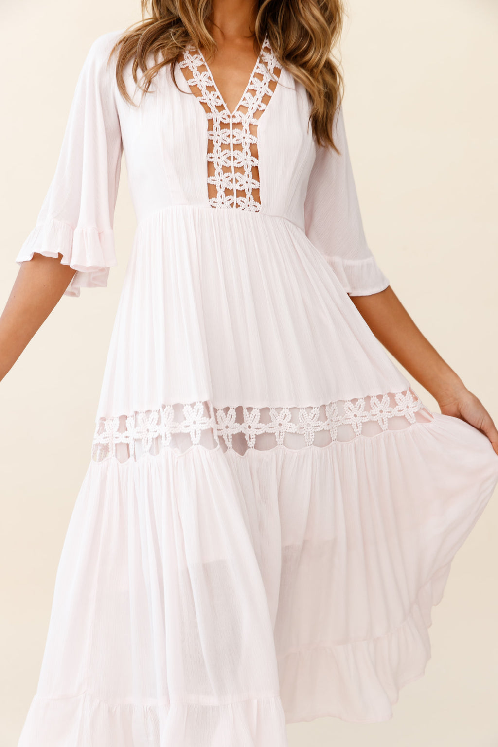 Feeling Groovy Bell Sleeve Crochet Trim Maxi Dress Pink by Selfie Leslie