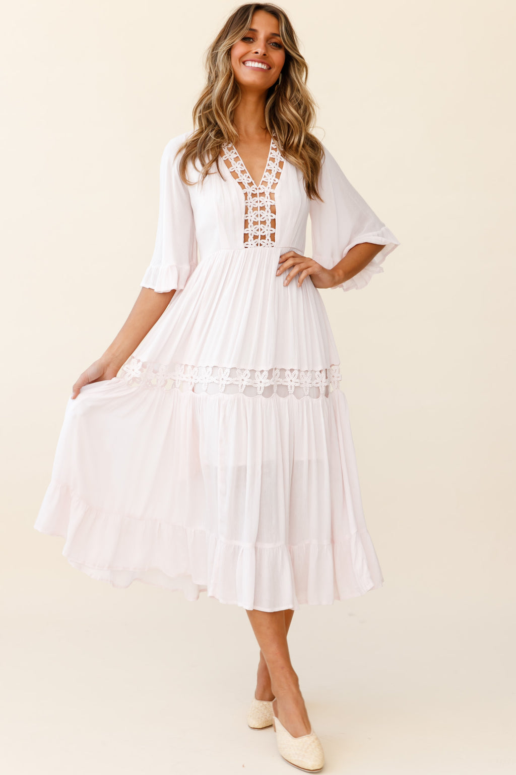 Feeling Groovy Bell Sleeve Crochet Trim Maxi Dress Pink by Selfie Leslie