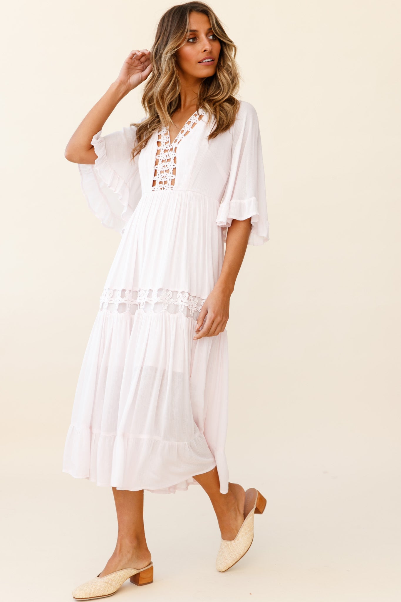 Feeling Groovy Bell Sleeve Crochet Trim Maxi Dress Ice Blue