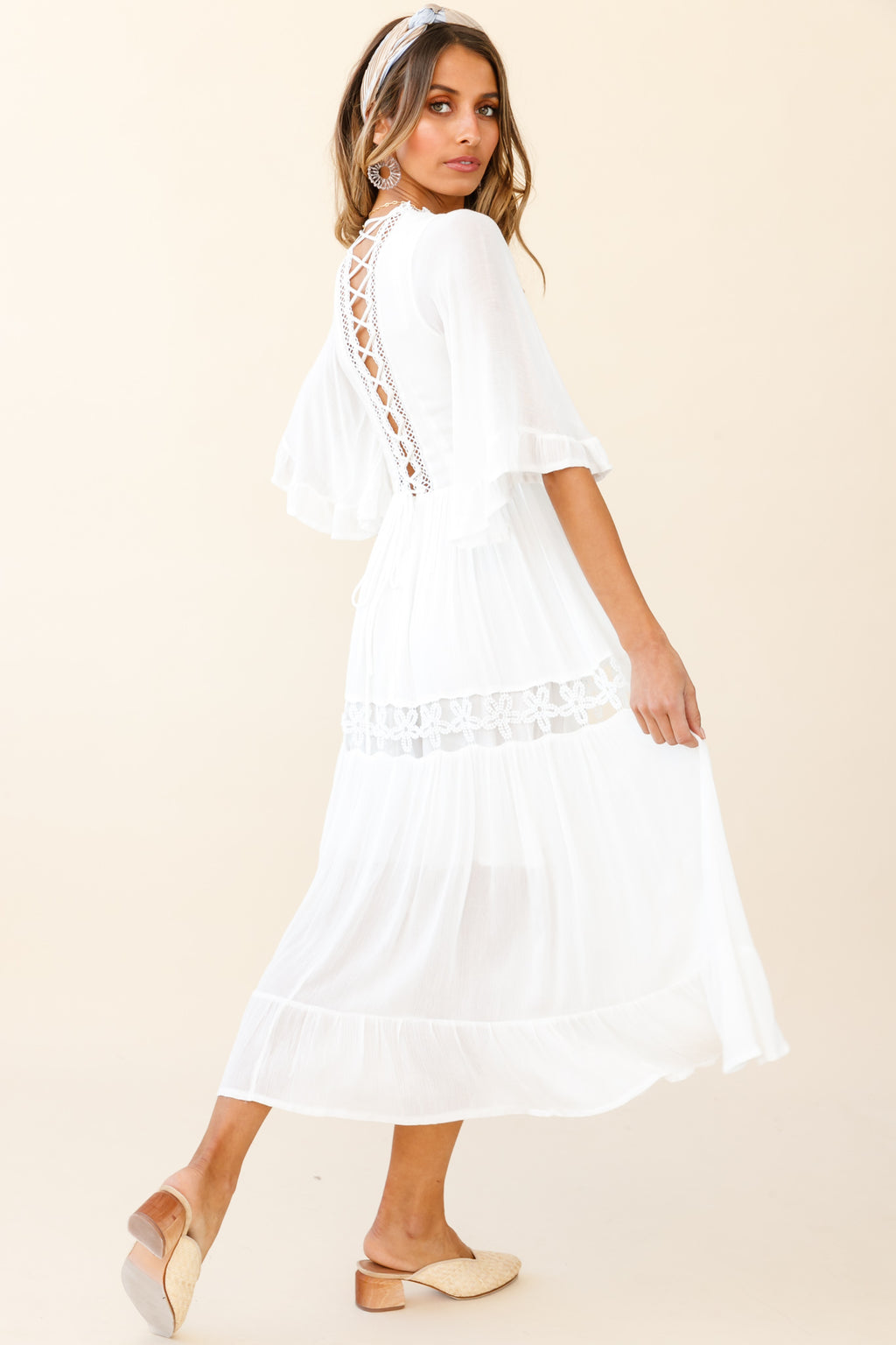 Feeling Groovy Bell Sleeve Crochet Trim Maxi Dress White by Selfie Leslie