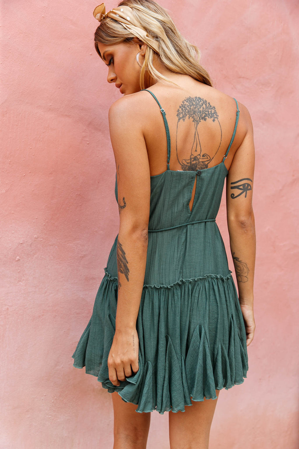 Rosabel Spaghetti Strap Fluted Hem Dress Green by Selfie Leslie