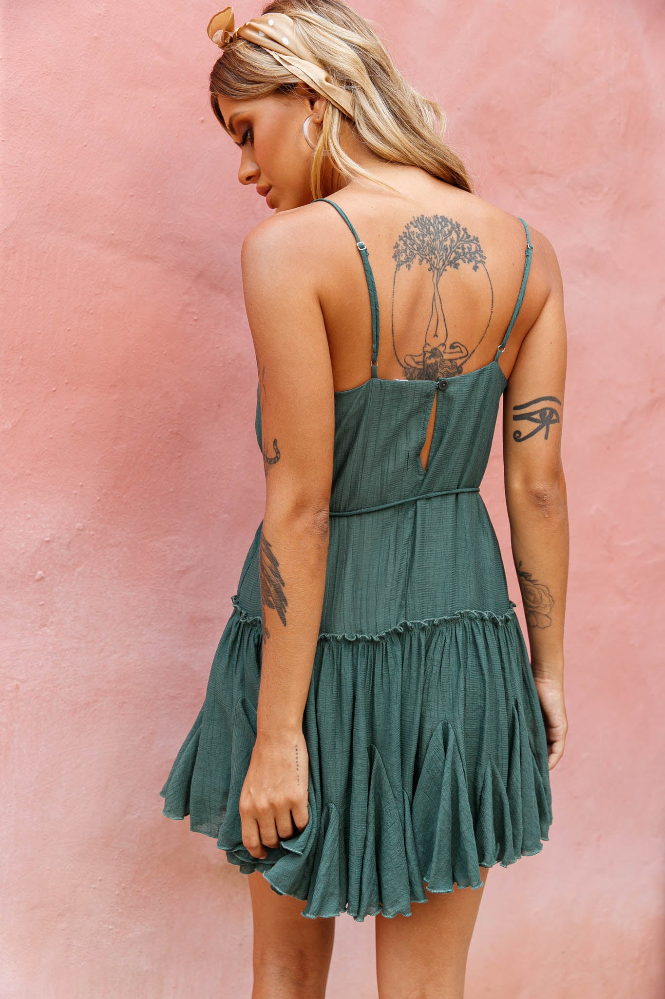 Rosabel Spaghetti Strap Fluted Hem Dress Green by Selfie Leslie