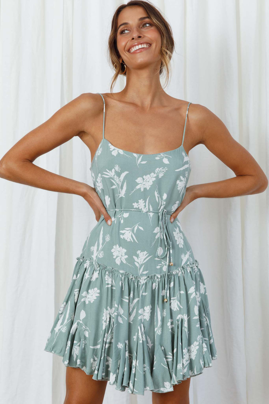 Rosabel Spaghetti Strap Fluted Hem Dress Floral Print Sage by Selfie Leslie