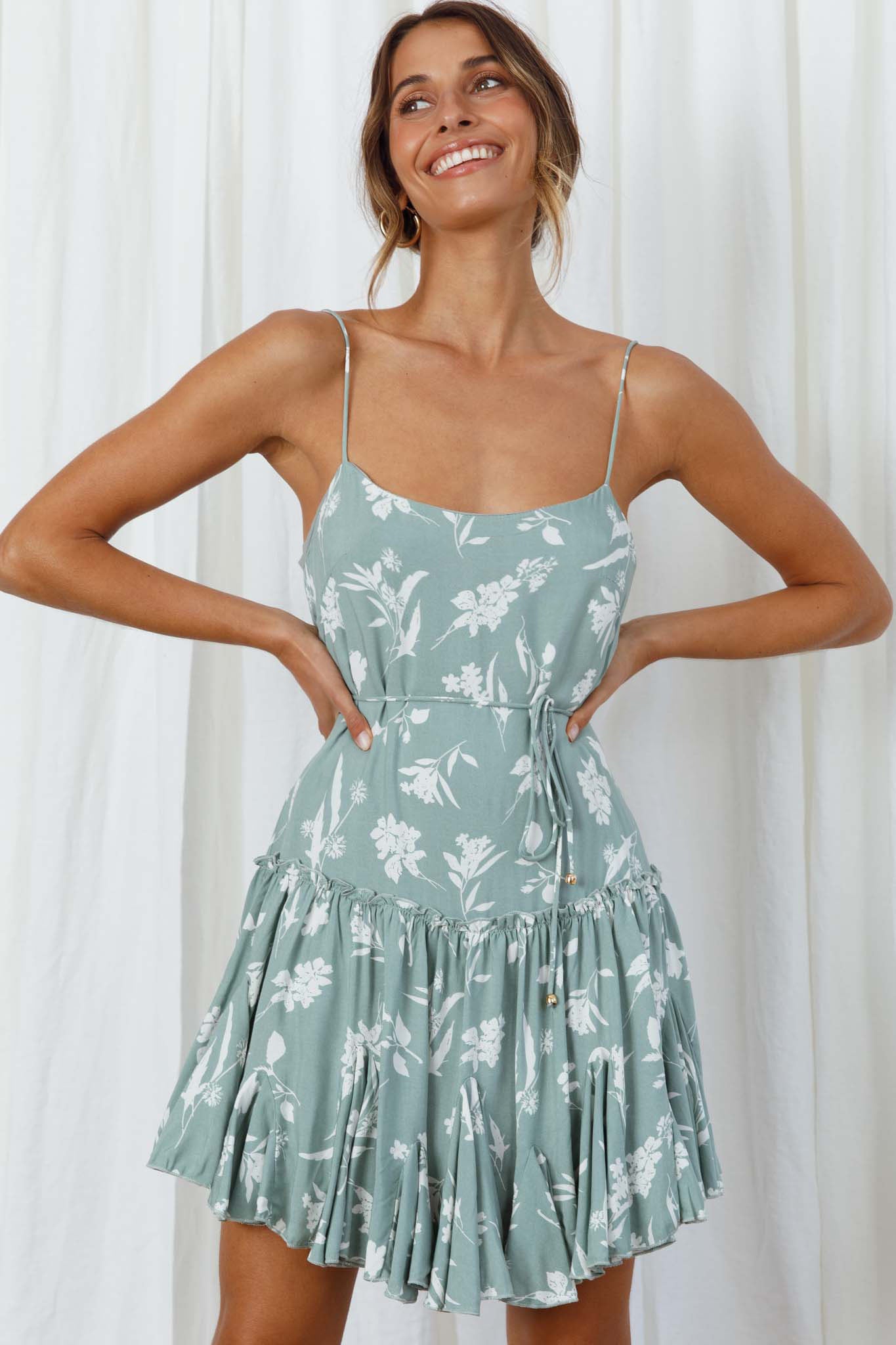 Rosabel Spaghetti Strap Fluted Hem Dress Floral Print Sage by Selfie Leslie