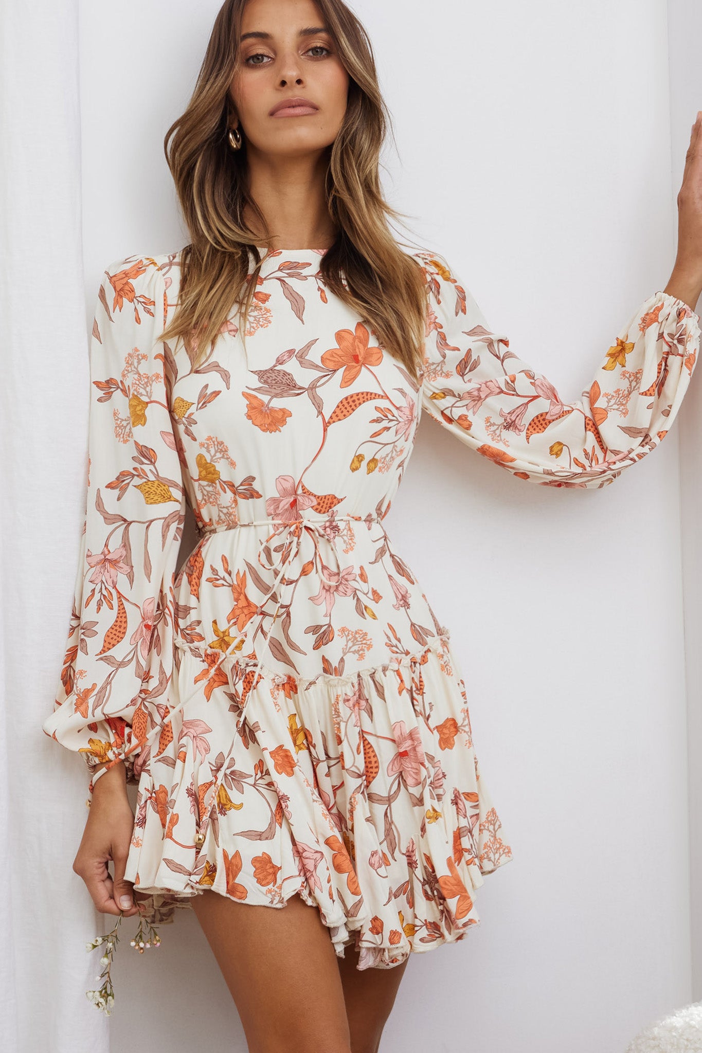 Rosabel Balloon Sleeve Fluted Hem Dress Vintage Floral Print Beige by Selfie Leslie