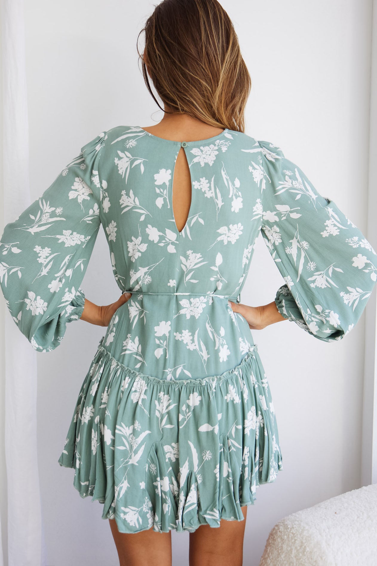 Rosabel Balloon Sleeve Fluted Hem Dress Botanic Print Sage by Selfie Leslie