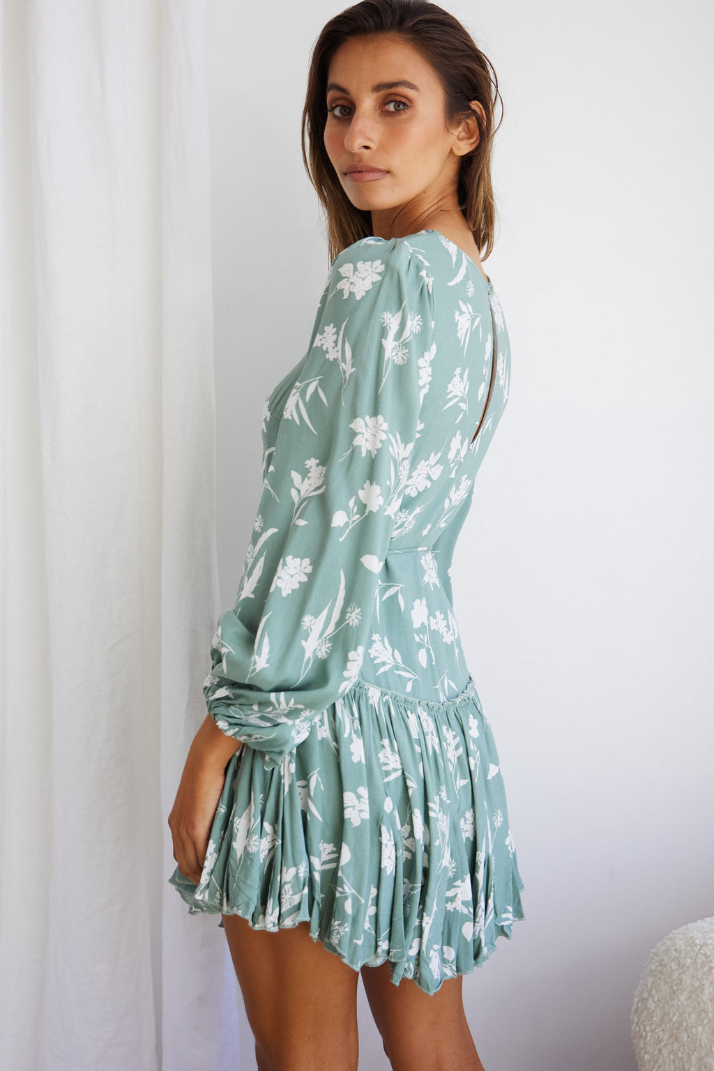 Rosabel Balloon Sleeve Fluted Hem Dress Botanic Print Sage by Selfie Leslie