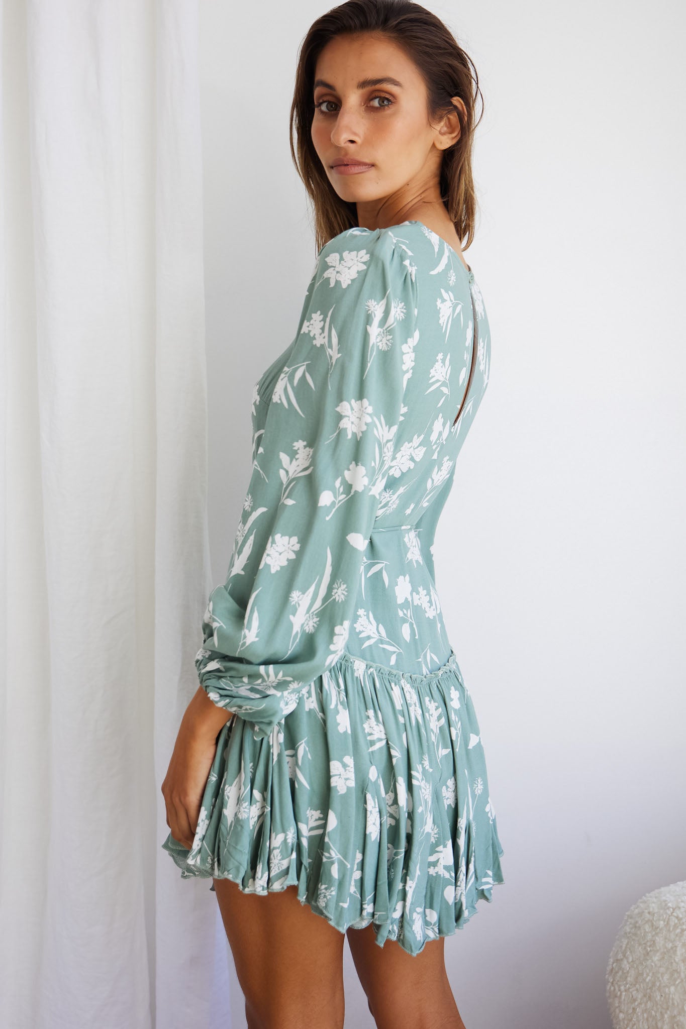 Rosabel Balloon Sleeve Fluted Hem Dress Botanic Print Sage by Selfie Leslie