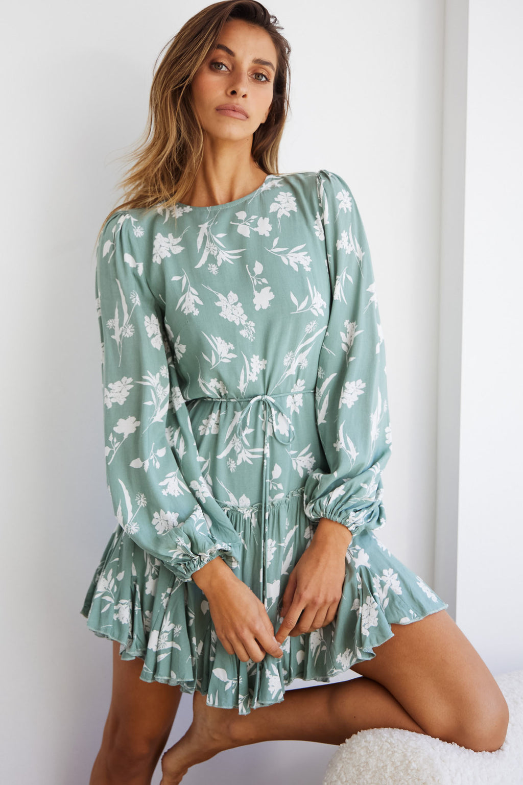 Rosabel Balloon Sleeve Fluted Hem Dress Botanic Print Sage by Selfie Leslie