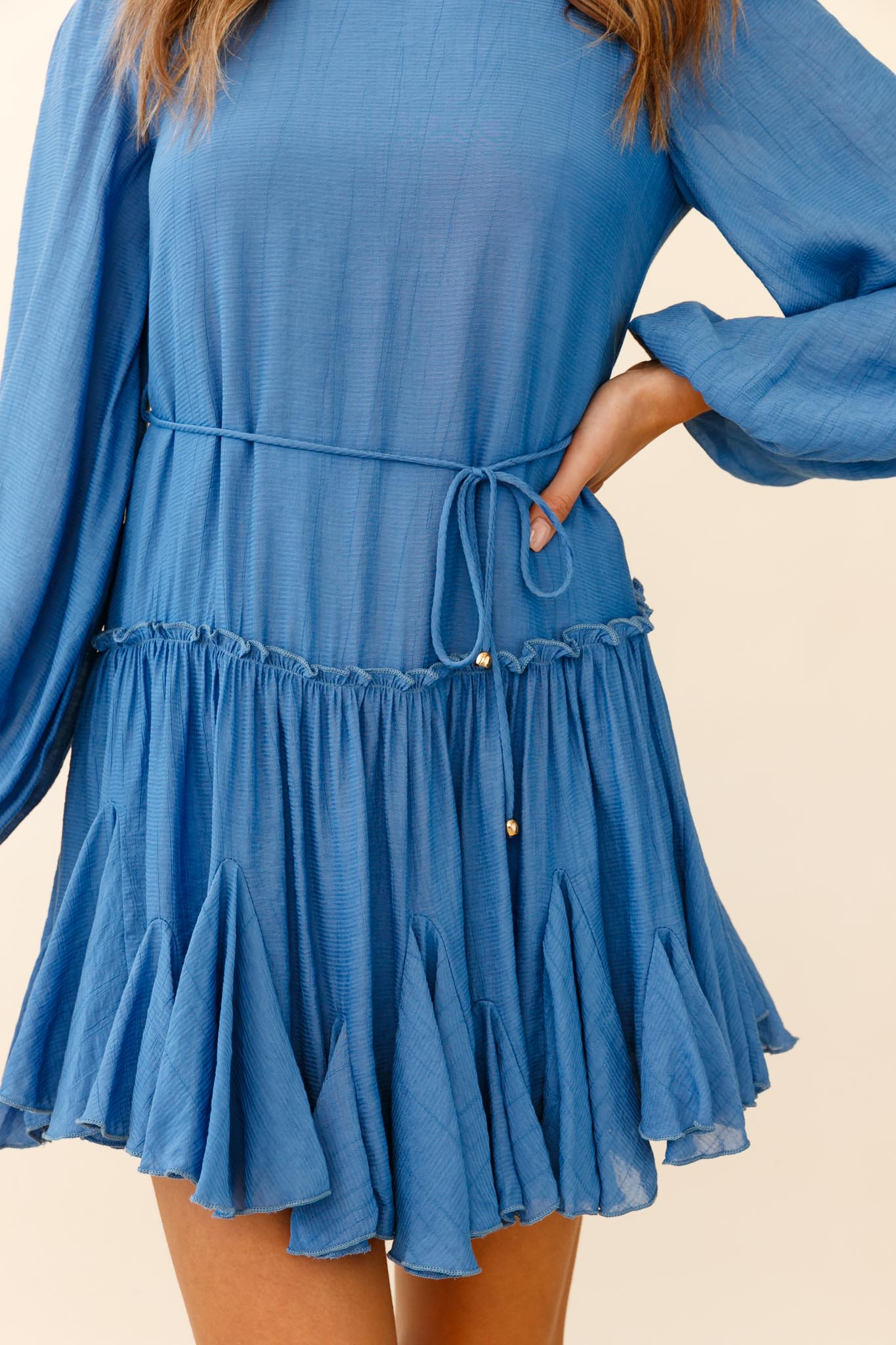 Rosabel Balloon Sleeve Fluted Hem Dress Denim Blue by Selfie Leslie