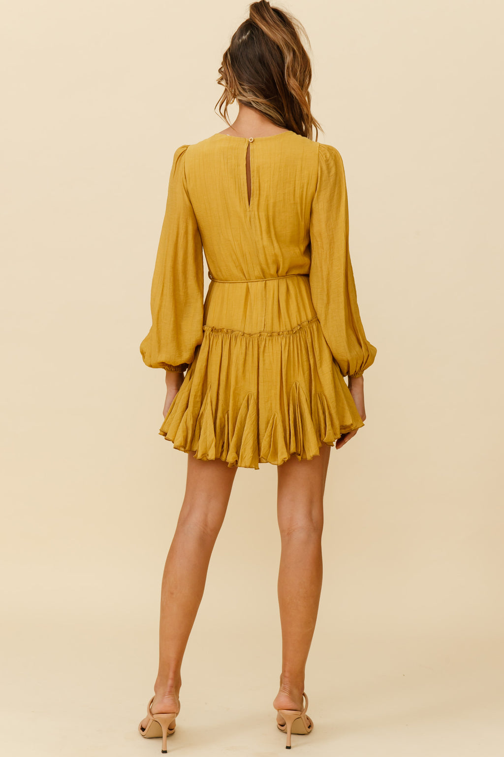 Rosabel Balloon Sleeve Fluted Hem Dress Mustard by Selfie Leslie