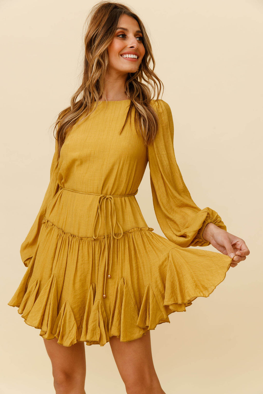 Rosabel Balloon Sleeve Fluted Hem Dress Mustard by Selfie Leslie