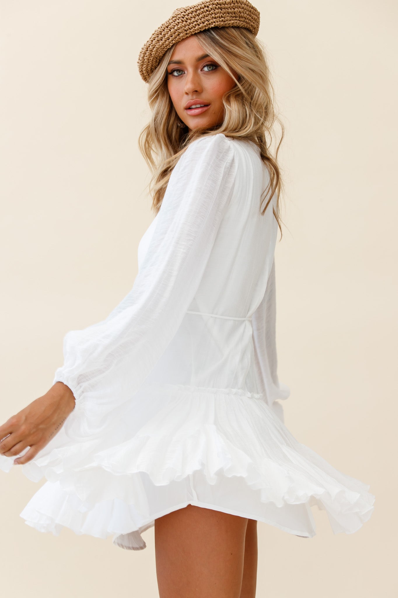 Rosabel Balloon Sleeve Fluted Hem Dress White by Selfie Leslie