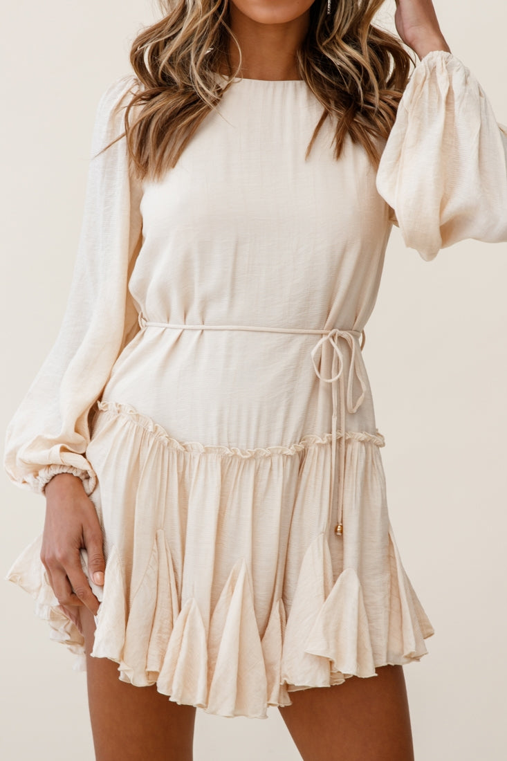 Rosabel Balloon Sleeve Fluted Hem Dress Beige by Selfie Leslie
