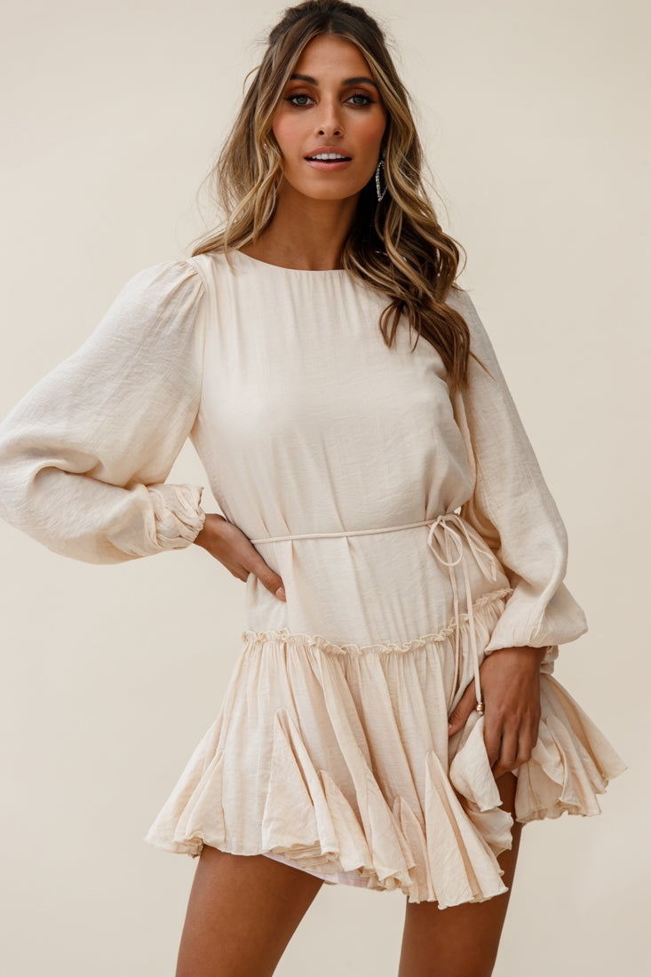 Rosabel Balloon Sleeve Fluted Hem Dress Beige by Selfie Leslie