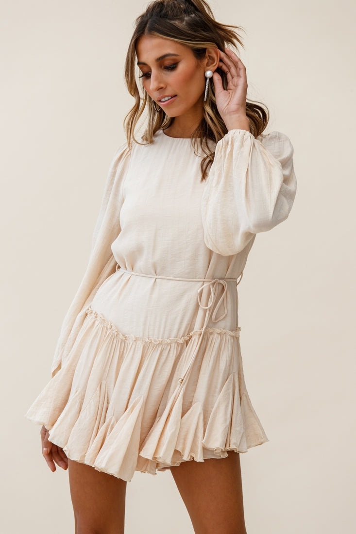 Rosabel Balloon Sleeve Fluted Hem Dress Beige by Selfie Leslie
