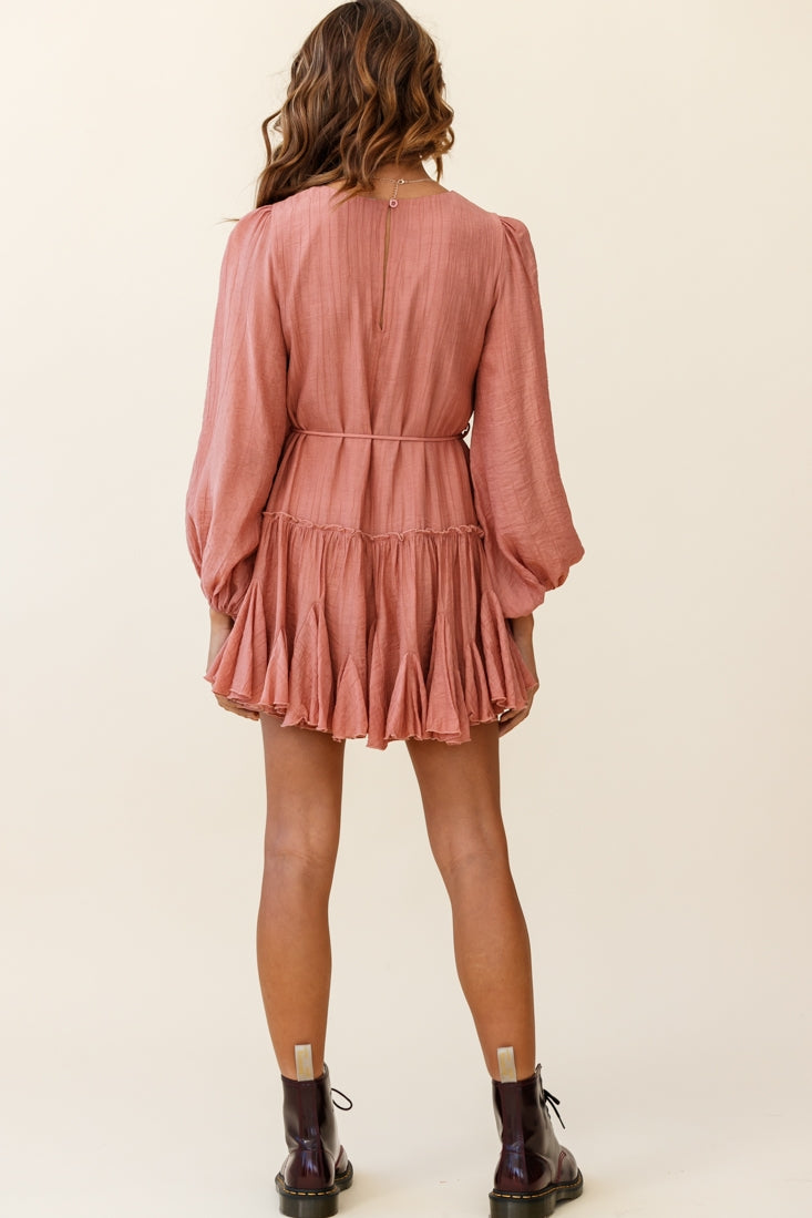 Rosabel Balloon Sleeve Fluted Hem Dress Rose by Selfie Leslie