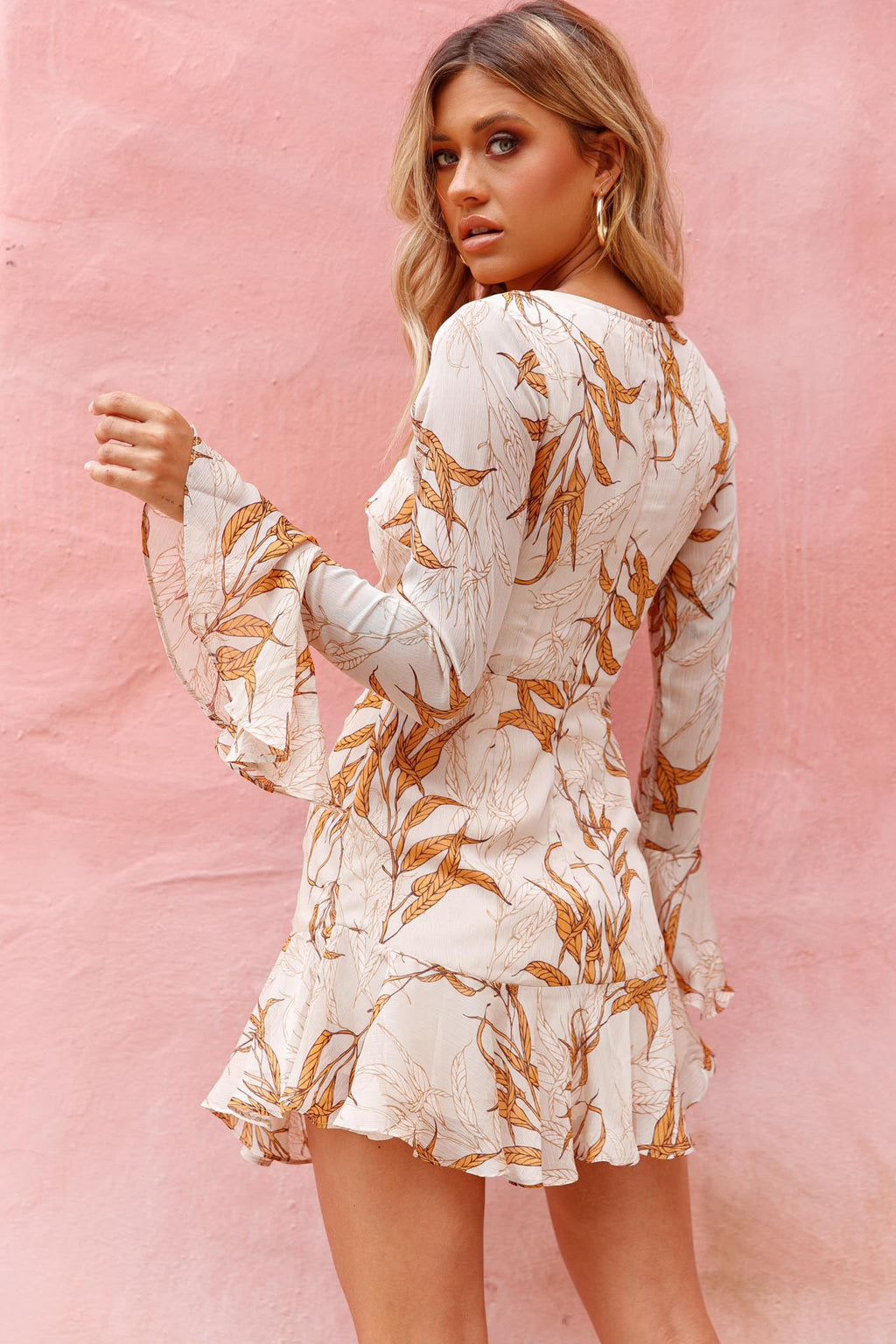Adalia Long Sleeve Flared Cuff Dress Leaf Print Beige by Selfie Leslie