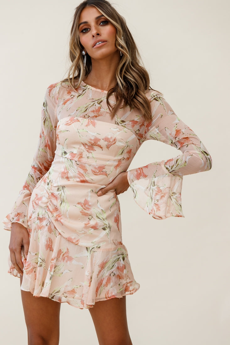 Adalia Long Sleeve Flared Cuff Dress Flower Print Nude by Selfie Leslie