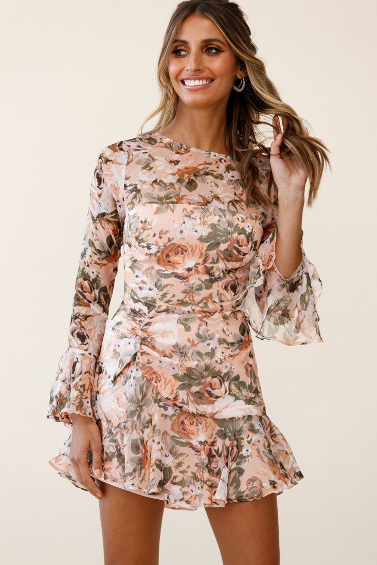 Adalia Long Sleeve Flared Cuff Dress Floral Print Nude Multi by Selfie Leslie