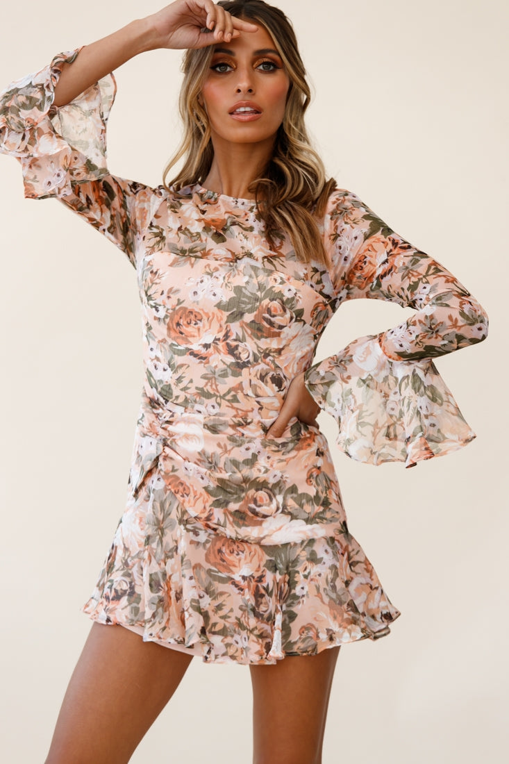 Adalia Long Sleeve Flared Cuff Dress Floral Print Nude Multi by Selfie Leslie