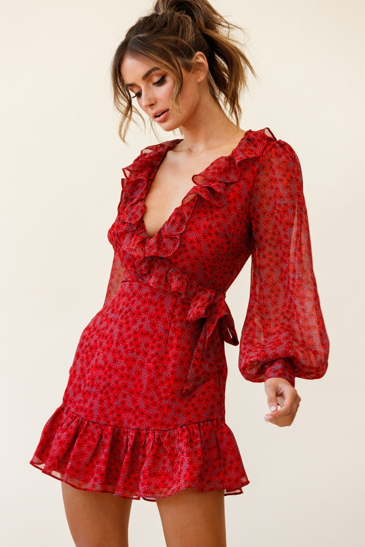 Regina Long Sleeve Ruffle Neckline Dress Flower Print Red by Selfie Leslie