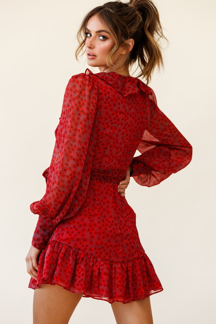 Regina Long Sleeve Ruffle Neckline Dress Flower Print Red by Selfie Leslie