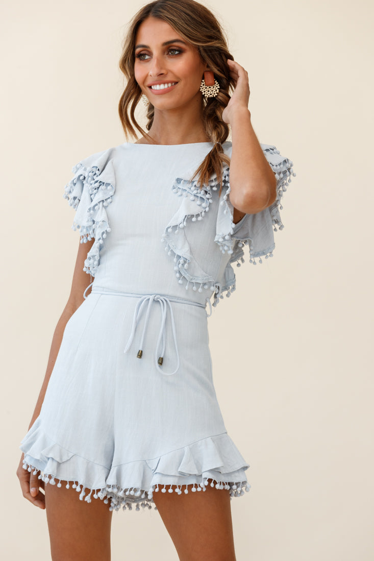 Must Be Nice Frill Shoulder Circle Trim Romper Steel Blue by Selfie Leslie